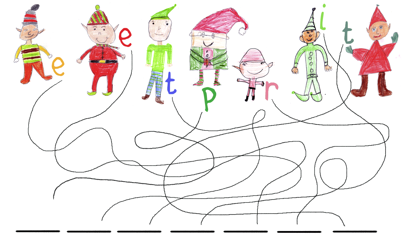 Zeichnung von Weihnachtswichteln mit Buchstaben